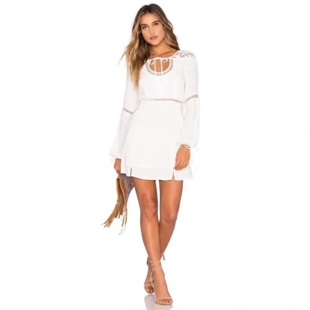 For Love & Lemons x Revolve White Long Sleeve Crochet Lace Detail Mini Dress M - Picture 2 of 9
